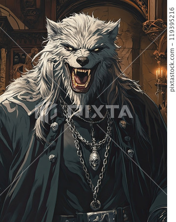 Halloween evil werewolf with long silver fur, laughing and wearing black robes and chains around its nec 119395216