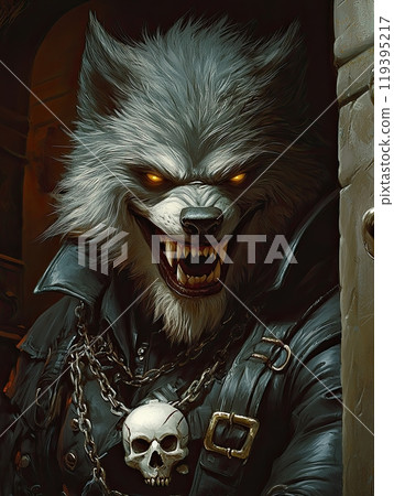 Halloween evil werewolf with long silver fur, laughing and wearing black robes and chains around its nec 119395217