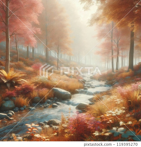 Colorful autumn trees and a quiet stream 119395270