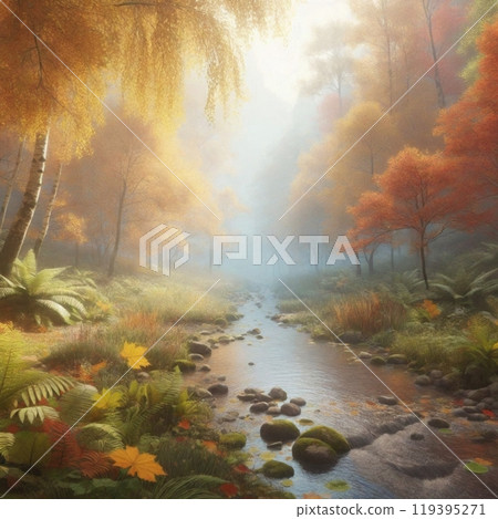 Colorful autumn trees and a quiet stream 119395271