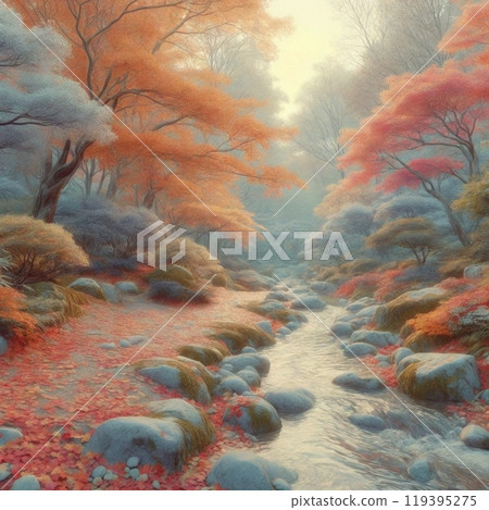 A natural landscape of autumn leaves and a calm stream 119395275