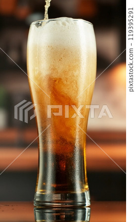Pouring Beer into Long Glass, Vertical Composition. 119395291