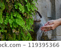 scene with female hands under a stream of water. Water running through fingers. 119395366