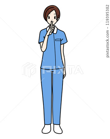 Female nurse standing in front, pants style, blue, quiet signal Female nurse standing in front, pants style, blue, quiet signal 119395382