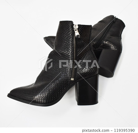 Black chunky heels boots isolated on white, reptile leather ankle boots for women, basic snake skin fall boots 119395390