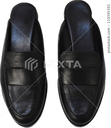 Classic black leather slide loafers isolated on white, basic spring slides, chunky mules for women 119395391