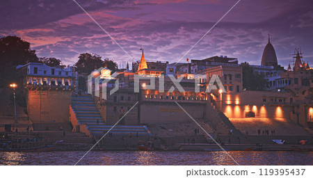 Varanasi, India. Hundreds Of Tourists And Locals Gather On Boats To Watch Fire Ceremony Or Puja At Assi Ghat. Ganga Maha Aarti Ceremony. Traditional Ganga Aarti In Varanasi. Cinematic Camera Movement 119395437