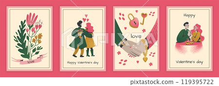 Happy Valentines day. Spring holiday card or poster collection. Romantic relationships, couple hugging. Botanical decor. Man and woman in cafe on date. Vector cartoon flat style isolated illustration Happy Valentines day. Spring holiday card or poster collection. Romantic relationships, couple hugging. Botanical decor. Man and woman in cafe on date. Vector cartoon flat style isolated illustration 119395722