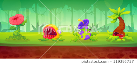 Game plant background. Evil fantasy cartoon floral garden. Botany carnivore location. Botanical monster landscape psychedelic comic. Spooky botanical characters, mystic cute blossoms. Vector design 119395737