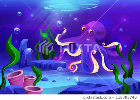 Octopus monster background. Sea Kraken under ocean. Marine underwater animal squid, cartoon aquarium. Swimming mollusk with tentacles, tropical oceanic fauna. Vector cute design, water tidy nature 119395740