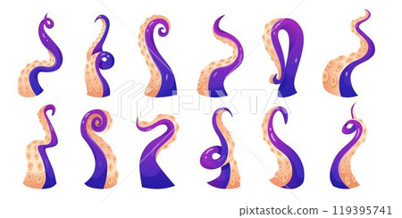 Monster tentacle cartoon. Underwater arm part. Marine water animal in sea. Ocean game. Aquatic squid, octopus, Kraken cute funny creature. Decorative isolated elements. Vector tidy illustration set 119395741