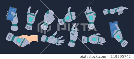 Robot hand gestures. Technology digital brain. Work innovation future science. Handshake human and AI. Machine tech mechanical intelligence. Cartoon flat style isolated illustration. Vector tidy icons 119395742