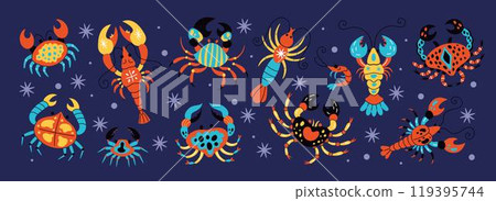 Groovy seafood. Cartoon lobster. Sea crab. Doodle crayfish. Water animal color art pattern. Restaurant luxury food. Gourmet menu. Ocean crustacean. Zoo character. Underwater shellfish vector tidy set 119395744