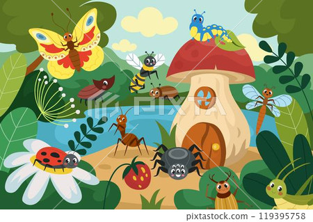 Kid background. Fantasy insects home. Cartoon natural scene. Happy ant bug. Spider on mushroom. Beetle and butterfly. Cute field landscape. Children education book. Vector nature tidy illustration 119395758