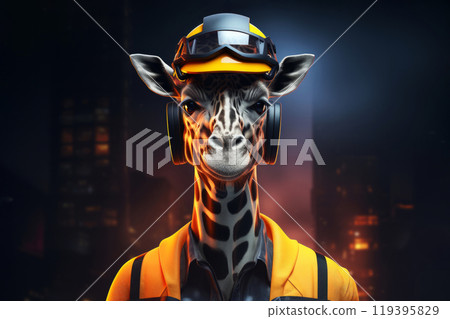 Anthropomorphic giraffe constructor worker hyperrealistic cyberpunk 3d style character wearing orange jacket on minimal dark background. Fantasy animal characters concept 119395829