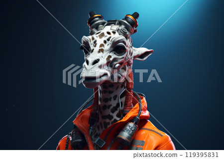 Anthropomorphic giraffe with a tech enhanced suit and breathing apparatus on a dark blue gradient background. Fantasy animal characters concept 119395831