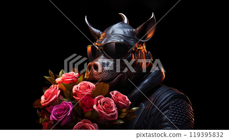 Anthropomorphic hyperrealistic cyberpunk rhinoceros animal character wearing black leather jacket and holding bouquet of flowers on minimal dark background. Modern pop art illustration 119395832
