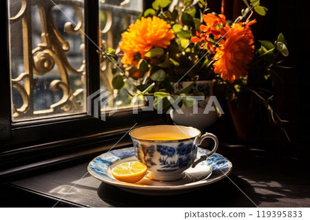 A cup of tea with a slice of lemon on a windowsill alongside a vase of vibrant orange flowers basking in sunlight. Leisure time concept A cup of tea with a slice of lemon on a windowsill alongside a vase of vibrant orange flowers basking in sunlight. Leisure time concept 119395833