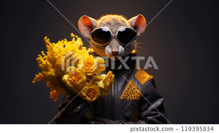 Anthropomorphic hyperrealistic cyberpunk mouse character wearing sunglasses holding bouquet of yellow flowers on minimal black background. Modern pop art illustration 119395834
