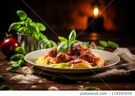 Plate of spaghetti pasta with meatballs and basil with candle lights and tomatoes on rustic wooden table country style. Traditional food concept 119395859