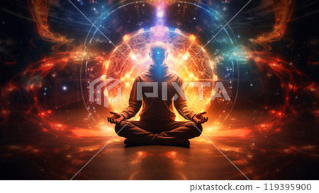 A male figure meditates surrounded by a vivid display of fiery energy and cosmic patterns. Body soul mind harmony concept 119395900