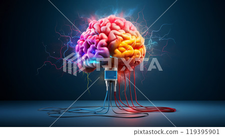 A  human brain with dynamic glowing electric currents cables connected to wire with plug on dark background. Dopamine fasting mental health digital detox concept 119395901
