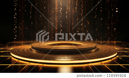 Golden shining shimmering podium platform with bright projector lights and stairs on background. Night show concept 119395928