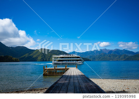 Pier and sightseeing boat at the Italian Embassy Villa, Lake Chuzenji, Oku-Nikko 119395998