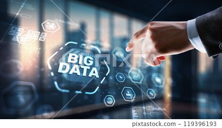 Businessman clicks Big data world and globe icon modern interface Businessman clicks Big data world and globe icon modern interface 119396193