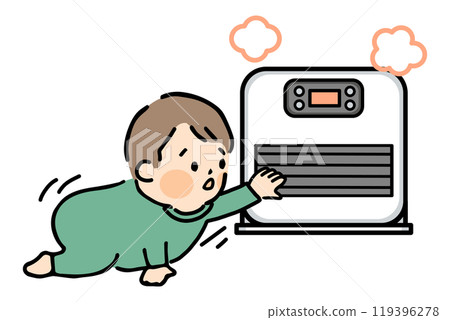 Illustration of a child about to touch a kerosene fan heater 119396278
