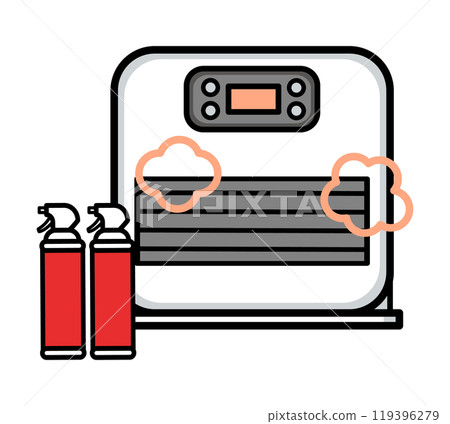 Illustration of the danger of a spray can placed in front of a kerosene fan heater 119396279