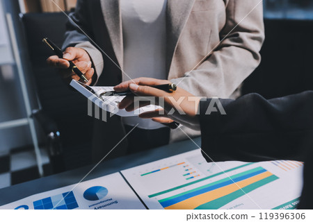 Team of business people are meeting to analyze data for marketing plan,Market research reports and income statistics, Financial and Accounting concept. 119396306