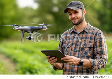 A farmer using a tablet to control a drone over a field, integrating technology for precision agriculture. A farmer using a tablet to control a drone over a field, integrating technology for precision agriculture. 119396465