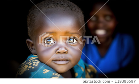 A close-up of a young child expressive eyes, filled with curiosity and innocence, with a smiling adult in the background. A close-up of a young child expressive eyes, filled with curiosity and innocence, with a smiling adult in the background. 119396597