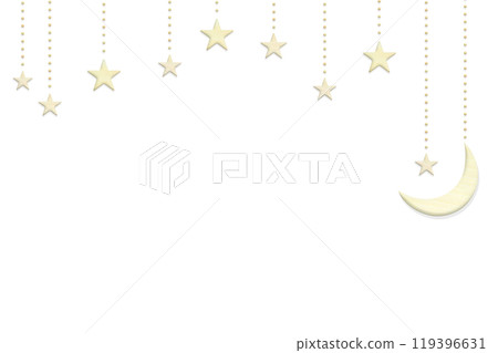 Decorative frame of star and moon symbols suspended by wood grain chains Decorative frame of star and moon symbols suspended by wood grain chains 119396631