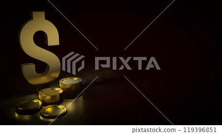 The gold dollar symbol and coins on black background 3d rendering. 119396851