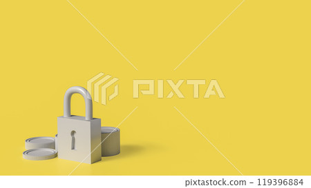 The Lock key and coins on yellow color background for security concept 3d rendering, 119396884