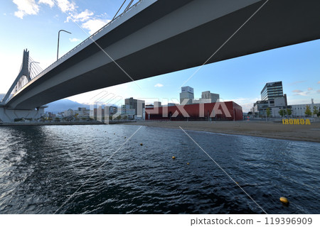 Aomori City: Bay Area in the early morning: Aomori Bay Bridge and surrounding scenery Aomori City: Bay Area in the early morning: Aomori Bay Bridge and surrounding scenery 119396909