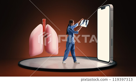 Doctor examining lung X-ray beside large lung model, representing respiratory diagnostics and healthcare services. 3D model of phone with blank screen 119397313
