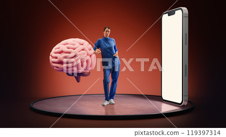 Doctor standing beside large brain model, symbolizing neurological research and brain health next 3D model of phone with blank screen 119397314