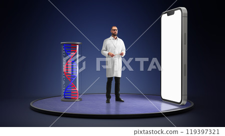 Scientist standing beside large DNA model, representing advancements in genetic research and personalized medicine. 3D model of phone with blank screen Scientist standing beside large DNA model, representing advancements in genetic research and personalized medicine. 3D model of phone with blank screen 119397321