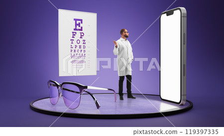 Optometrist pointing to vision chart, with glasses prominently displayed, representing eye care and vision correction. 3D model of phone with blank screen 119397335