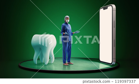 Dentist standing beside large tooth model, preparing for procedure, symbolizing dental care and hygiene. 3D model of phone with blank screen 119397337