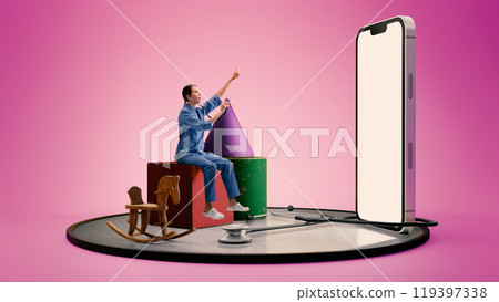 Pediatrician engages with child toys, suggesting playful medical care and pediatrics in welcoming environment. 3D model of phone with blank screen 119397338