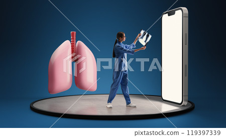 Doctor examining lung X-ray next to a large lung model, respiratory health and diagnosis. 3D model of phone with blank screen. Online consultation and medical researches Doctor examining lung X-ray next to a large lung model, respiratory health and diagnosis. 3D model of phone with blank screen. Online consultation and medical researches 119397339