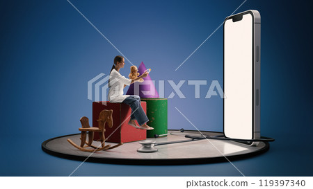 Pediatrician engages with child toys, suggesting playful medical care and pediatrics in welcoming environment. 3D model of phone with blank space. Pediatrician engages with child toys, suggesting playful medical care and pediatrics in welcoming environment. 3D model of phone with blank space. 119397340