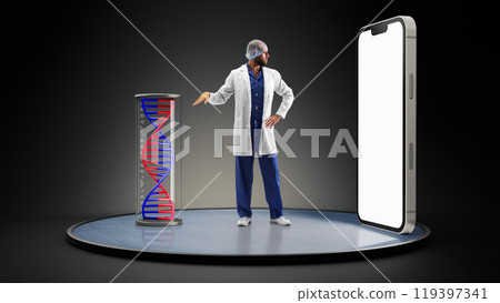 Doctor gesturing toward large DNA model, representing genetic research and advancements in medical science next to 3D model of phone with blank screen 119397341