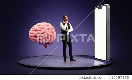Man examining brain model while standing thoughtfully beside large 3D model of smartphone screen. Neurology and cognitive science. Man examining brain model while standing thoughtfully beside large 3D model of smartphone screen. Neurology and cognitive science. 119397376