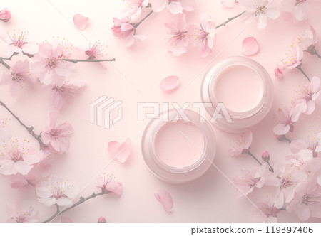 粉紅色背景有櫻花花的兩個化妝瓶 119397406