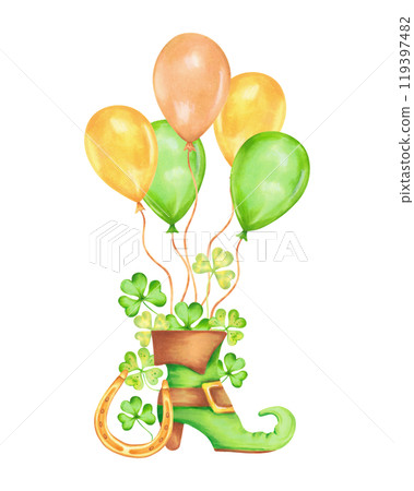 Leprechaun shoe composition with golden horseshoe,clover petals and balloons. Watercolor and marker illustration. Hand drawn isolated art. St. Patrick's Day symbol. Sketch of luck, wealth or success. Leprechaun shoe composition with golden horseshoe,clover petals and balloons. Watercolor and marker illustration. Hand drawn isolated art. St. Patrick's Day symbol. Sketch of luck, wealth or success. 119397482